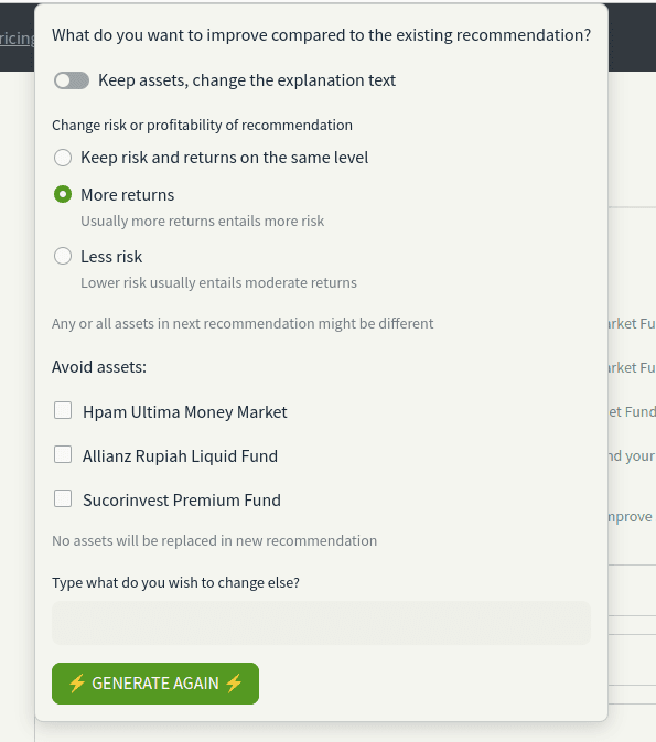 ProSales change recommendation menu
