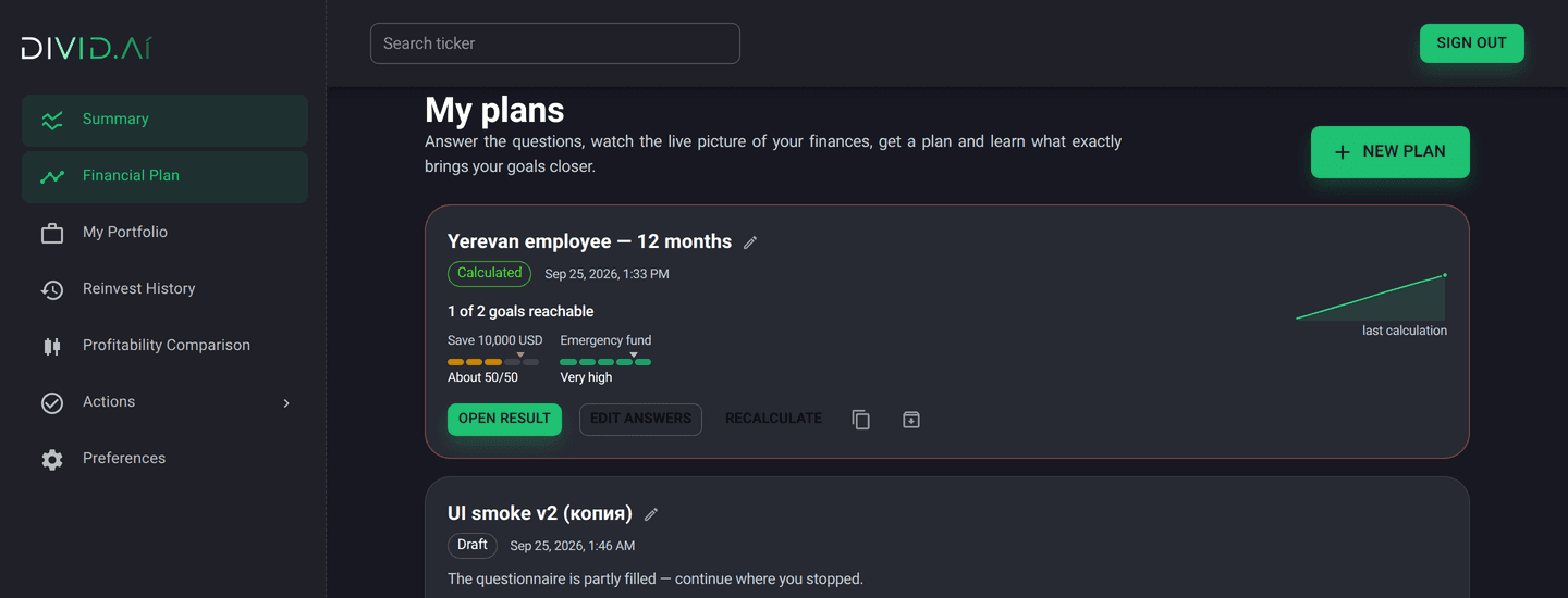 Workspace list of plans with status and goal summary